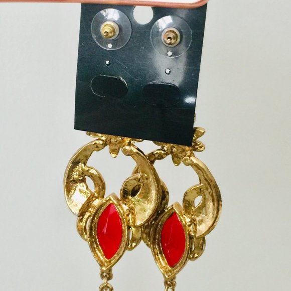 Red Multi-Coloured Stones Fancy Party Wear Long Earrings - Fashion Jewelry - Picture 4 of 4